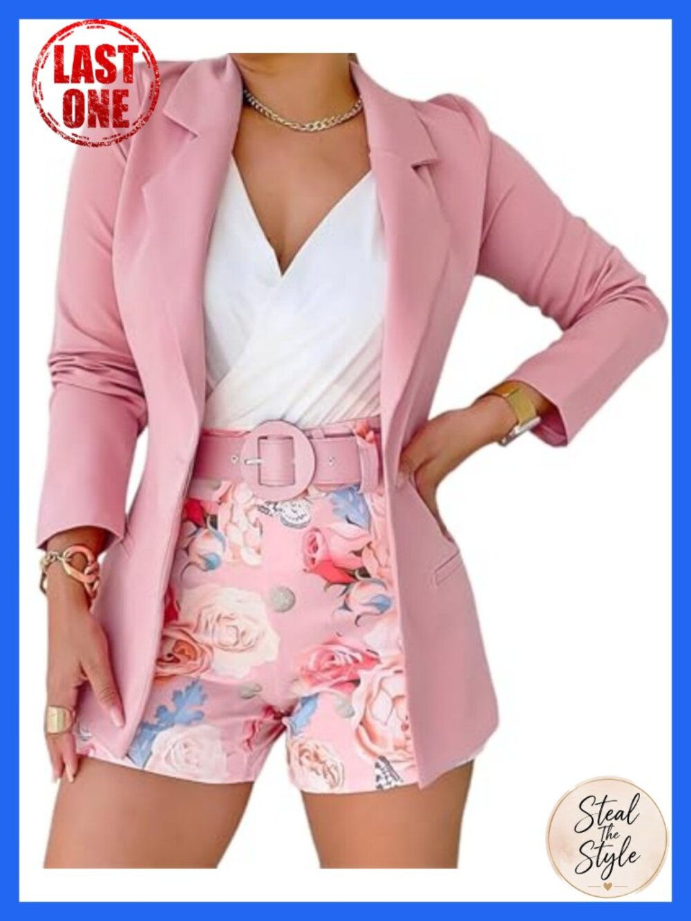 2 Piece Blazer & Shorts Set Notched Collar Long Sleeve Floral Print Belted Waist